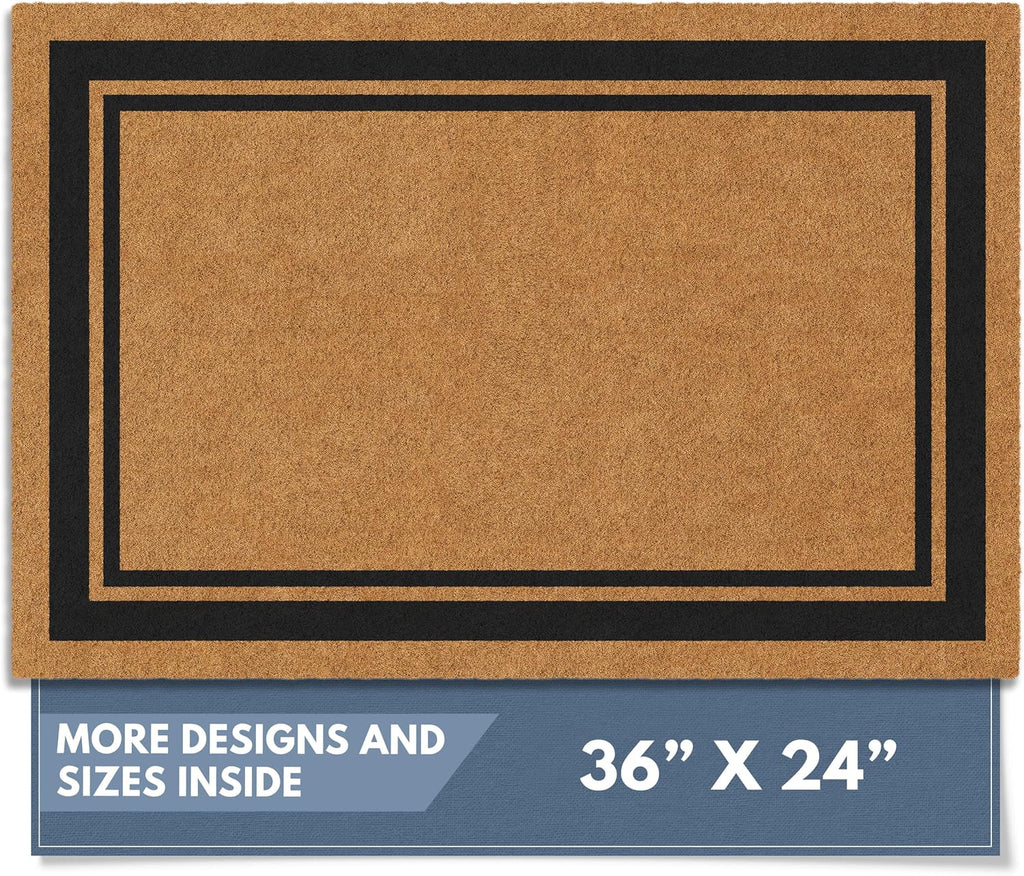Natural Coco Coir Non-Slip Doormat (24x36, Border) | Heavy-Duty Welcome Mat with Rug-Grip Backing for Front Door
