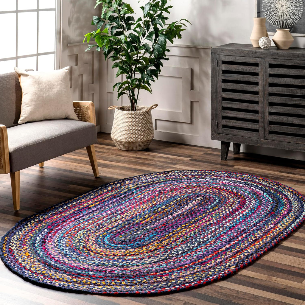 Tammara Blue Multicolor Ombre Braided Area Rug, Oval