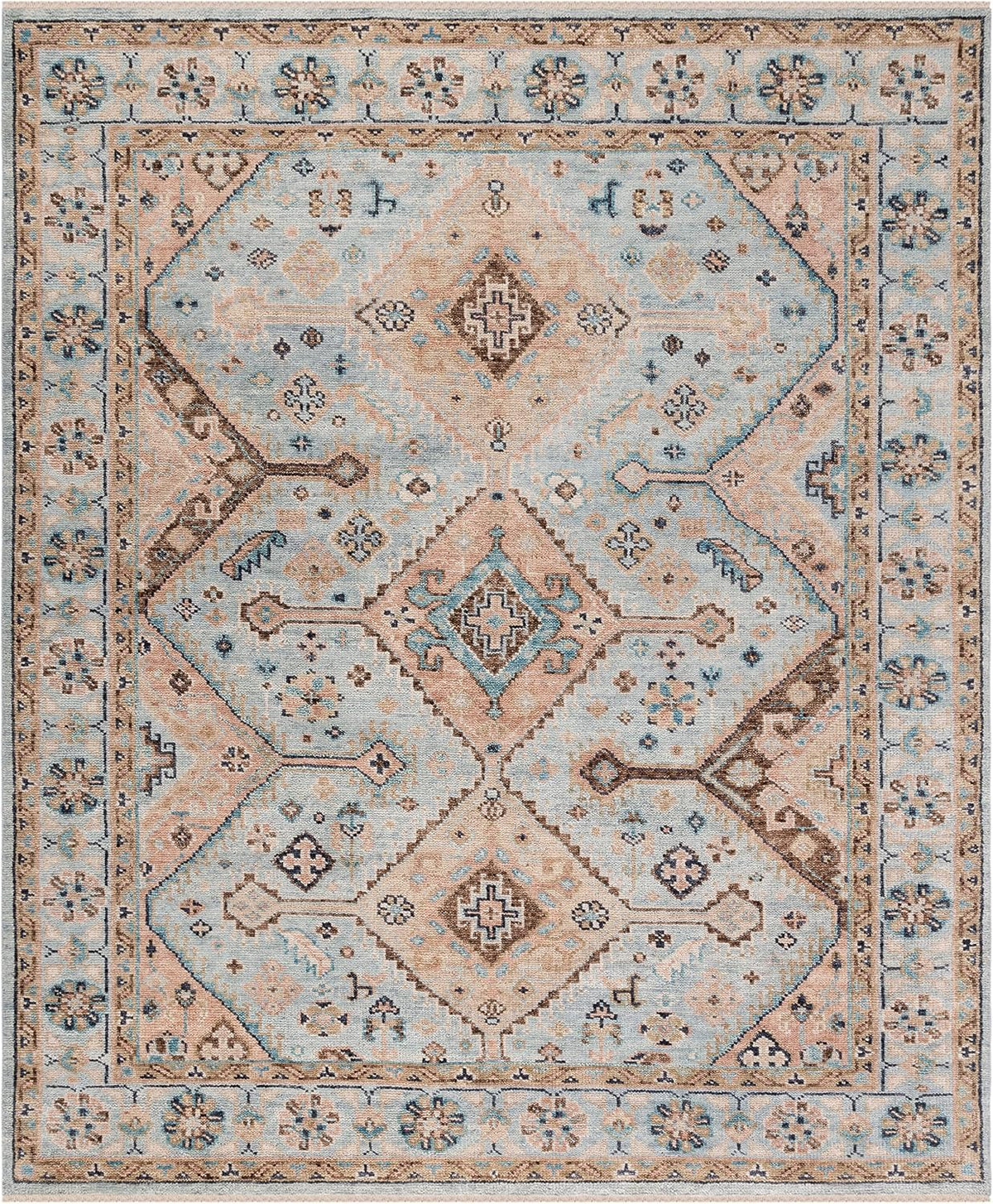 Samarkand Light Blue/Beige Hand-Knotted Traditional Oriental Premium Wool Dining Area Rug