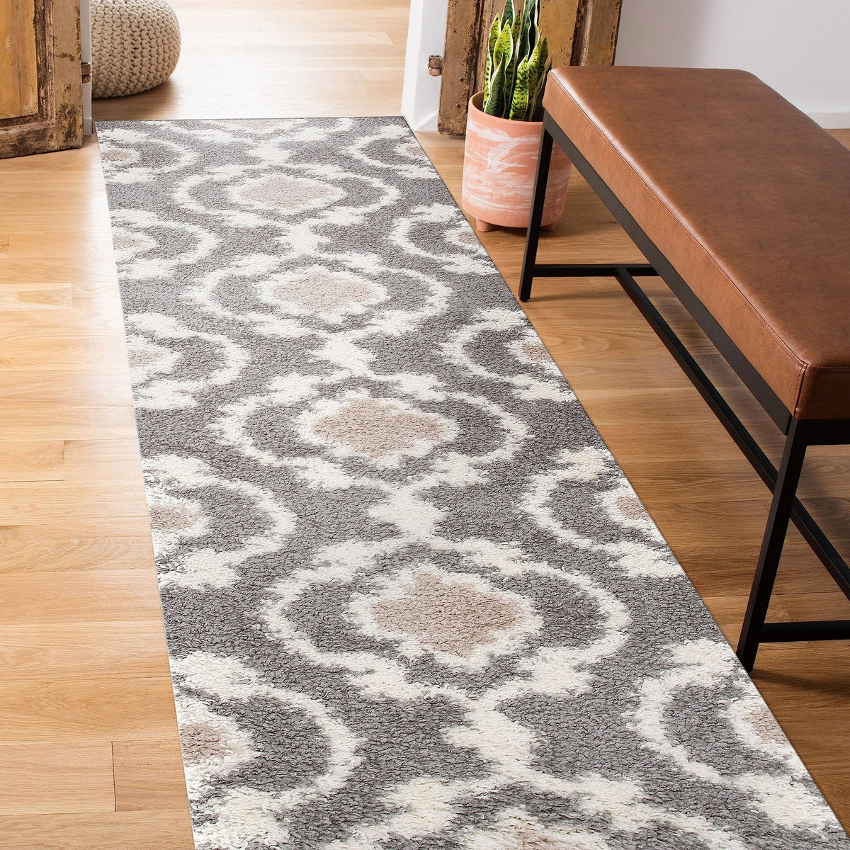 Moroccan Trellis Shag Cozy Indoor Runner Rug Gray/Cream