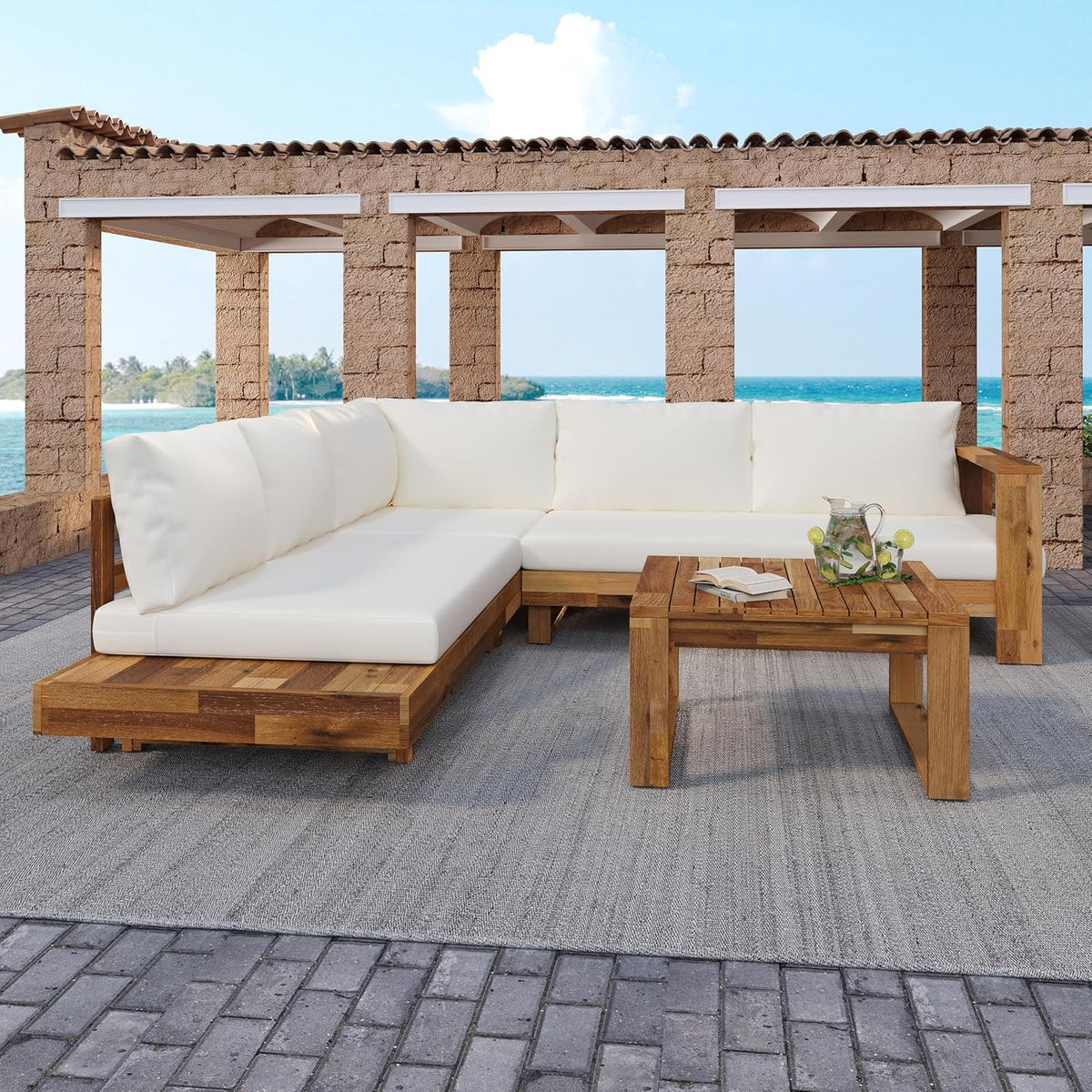 4pc Acacia Wood Outdoor Sectional Sofa Set with Cushions | Slatted Design - Modern Patio, Deck & Garden Seating for