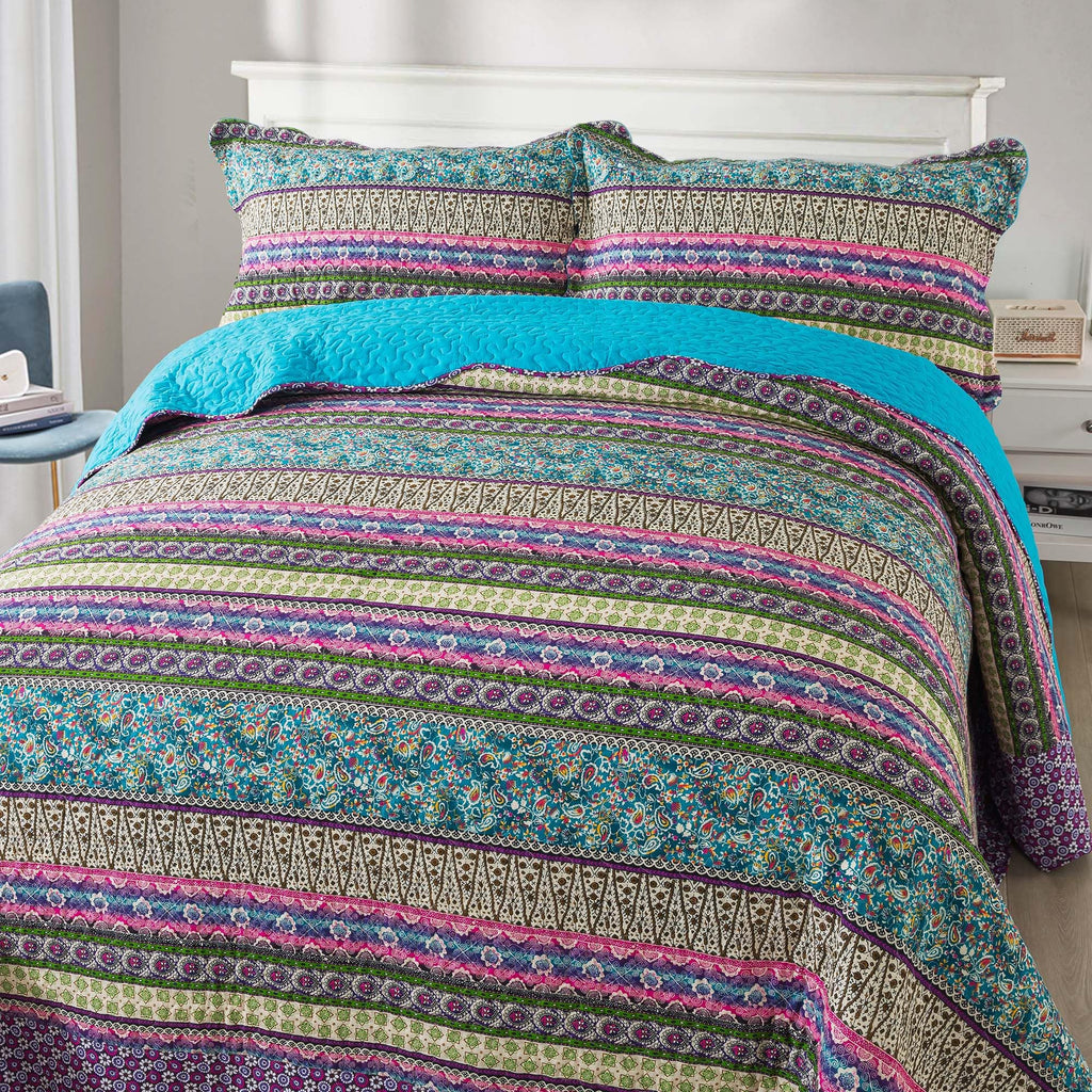 Cotton Bedspread Quilt Sets - Reversible Patchwork Coverlet Set, Striped Jacquard Pattern