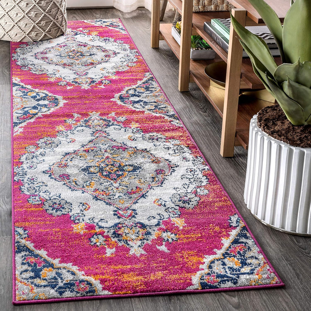 Boho Vintage Multi Runner Rug, 2x8, Bohemian Flair Medallion, Chic, Floral, High Traffic, Pet Friendly, Non-Shedding