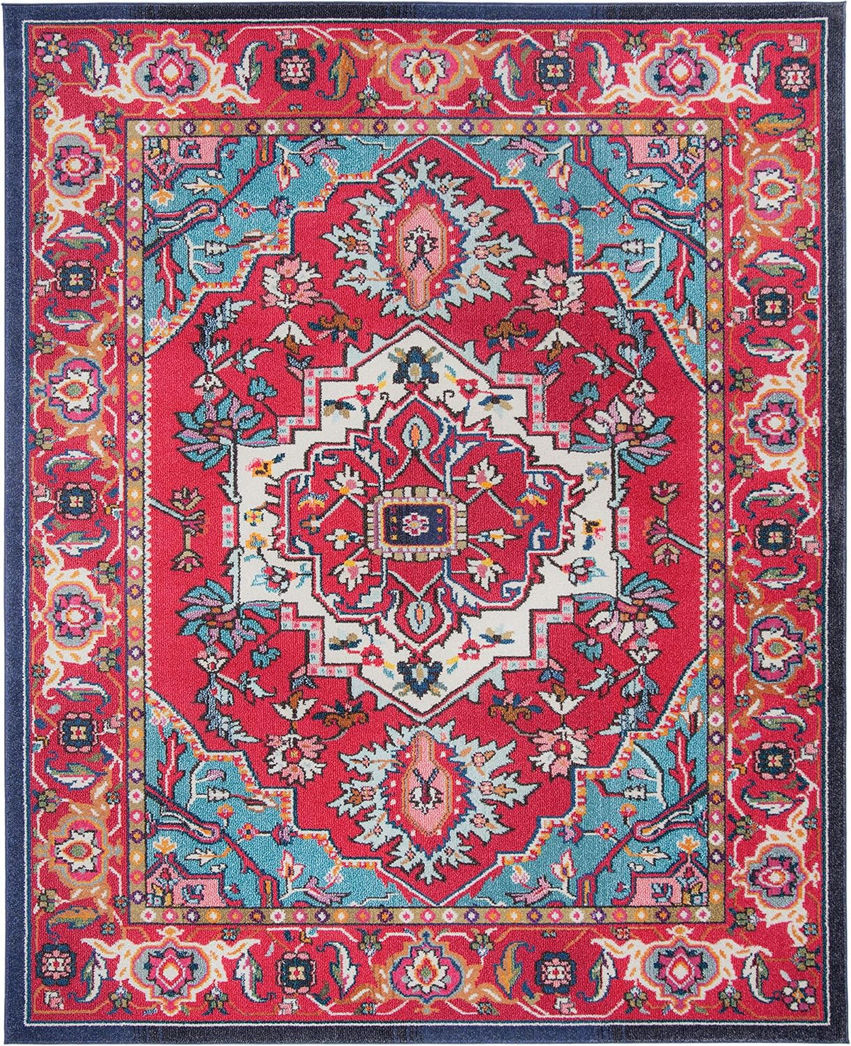 Monaco Collection Area Rug, Red & Turquoise, Boho Oriental Medallion Design, Non-Shedding & Easy Care