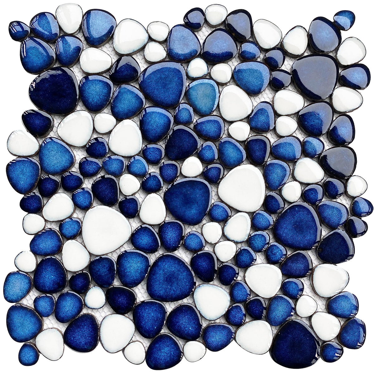 Pebble Ceramic Tiles 5 Sheets, Heart-Shaped 12x12 Floor Tile Ceramic, Dark Blue Mosaic Tiles Mesh Mounted, Waterproof