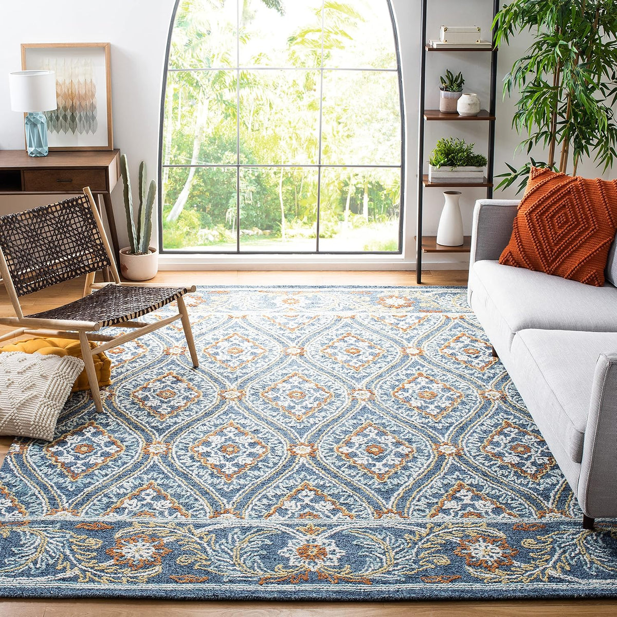 Blossom Area Rug, Navy & Yellow, Handmade Wool