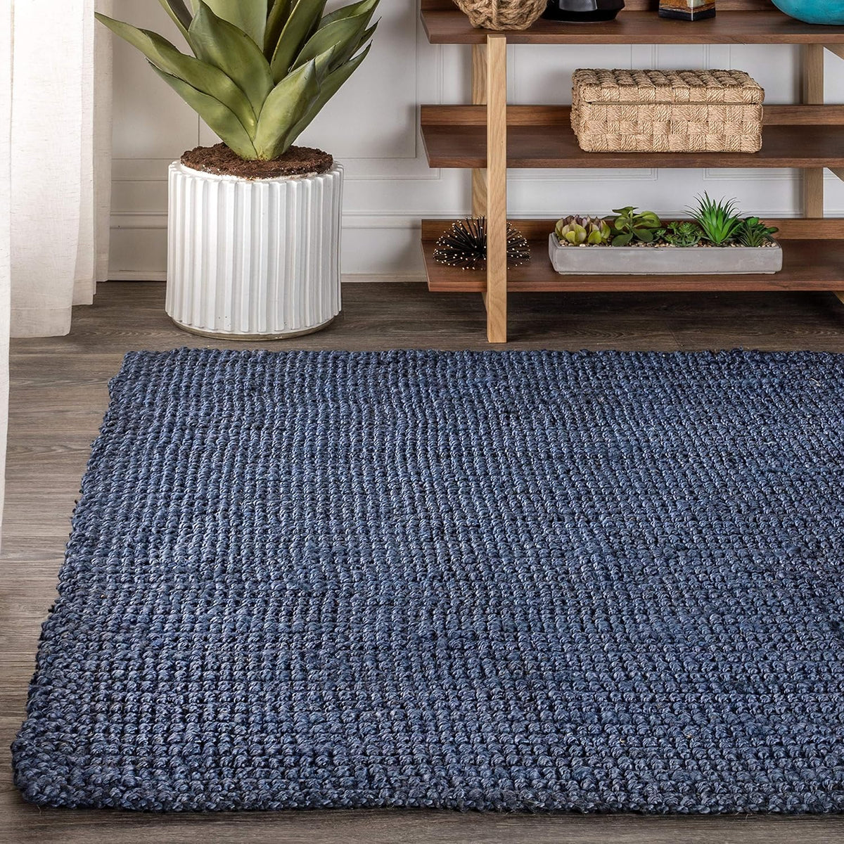 Pata Hand Woven Chunky Jute Navy Area Rug, Bohemian, Rustic, Cottage, Easy-Cleaning