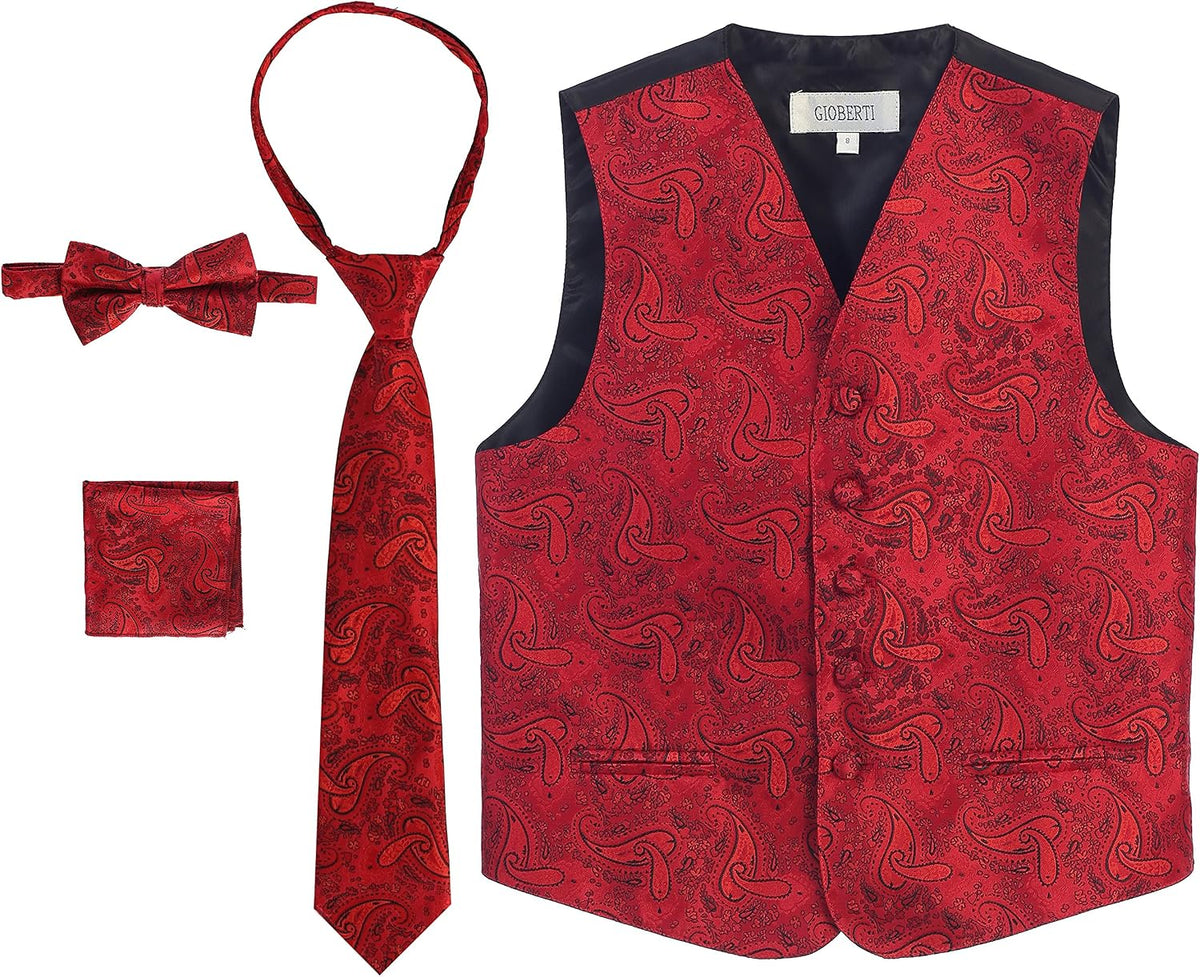 Kids and Boys 4pc Paisley Vest Set - Vest, Bowtie, Tie, Pocket Square