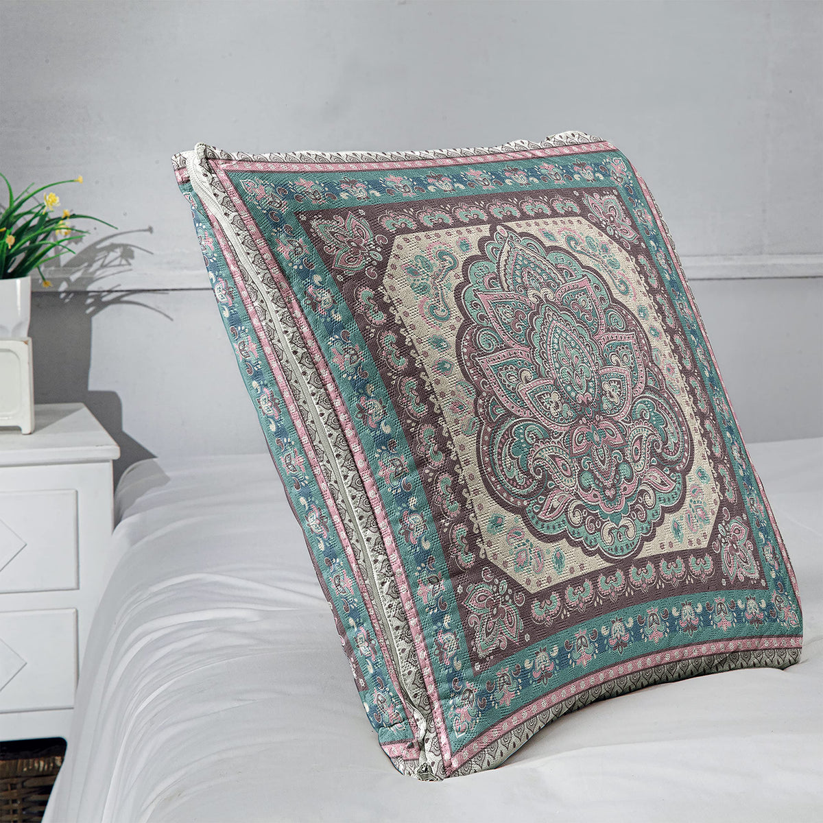 Ethnic Travel Blanket, Bohemian Hippie Mandala Paisley Design, Pillow and Comforter Combo Two in One for Camping