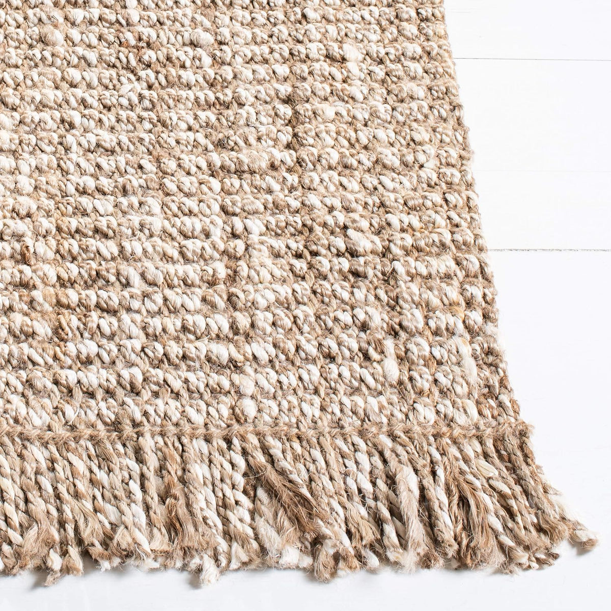 Natural Fiber Collection Area Rug, Grey & Beige, Handmade Woven Fringe Jute, Ideal for High Traffic Areas