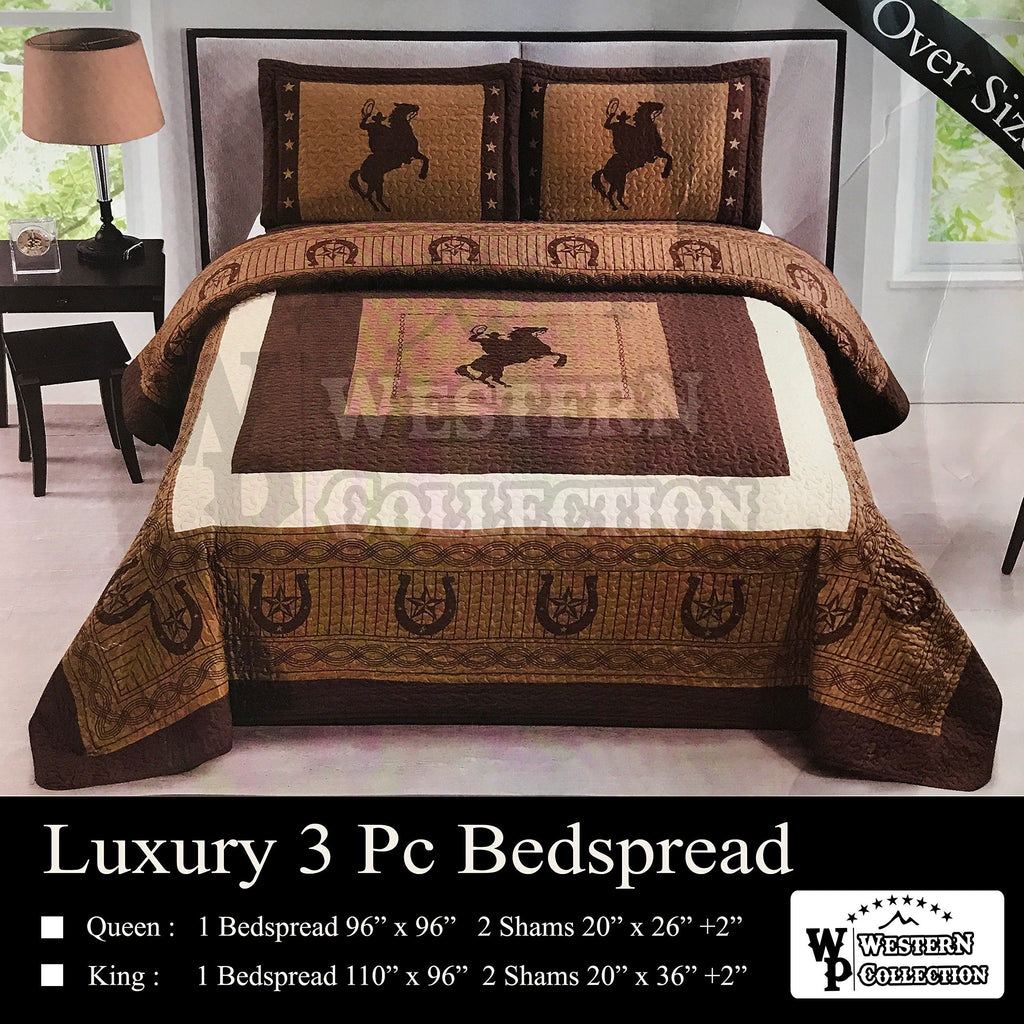 Peak 3 Pc Luxury Western Texas Cross Praying Cowboy Horse Cabin Lodge Barbed Wire Luxury Quilt Bedspread Oversize
