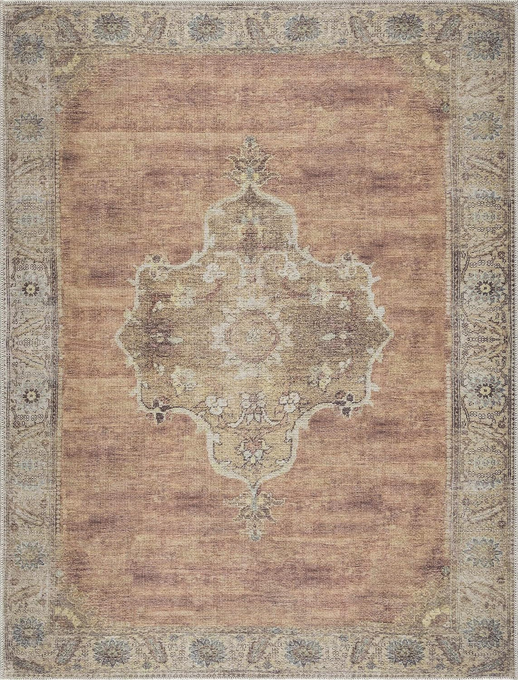 Powhatan Machine Washable Area Rug - Medallion Floral Border Distressed Faded - Traditional Oriental Transitional