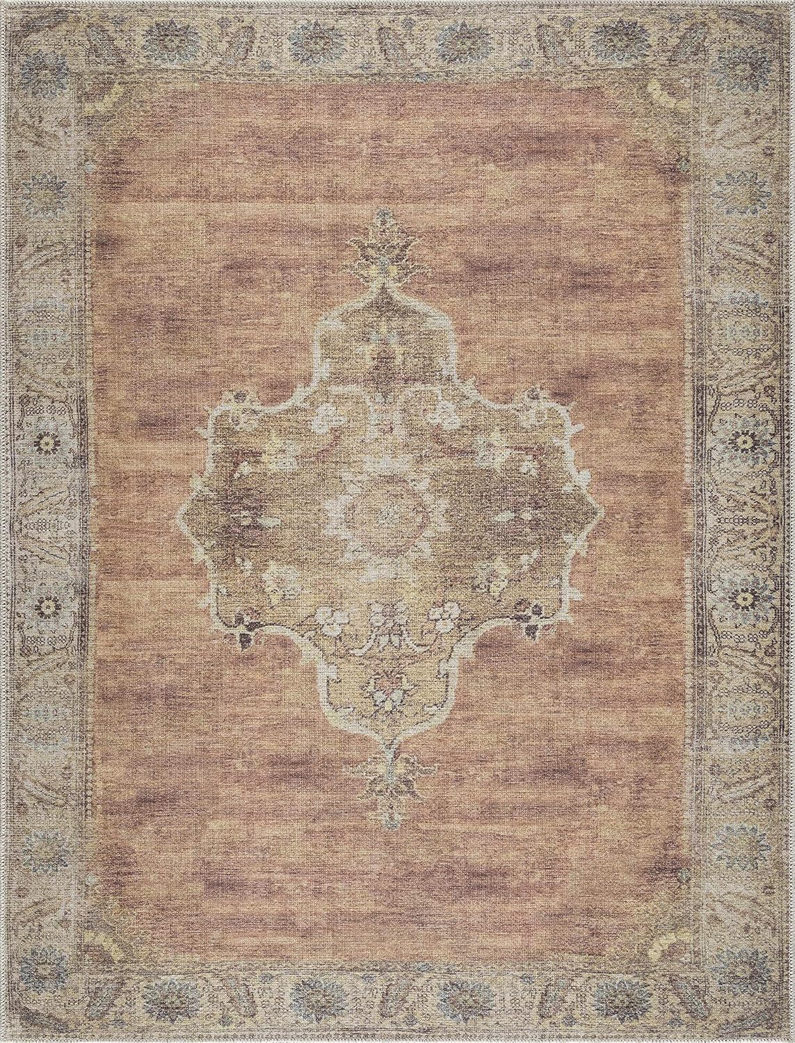 Powhatan Machine Washable Area Rug - Medallion Floral Border Distressed Faded - Traditional Oriental Transitional