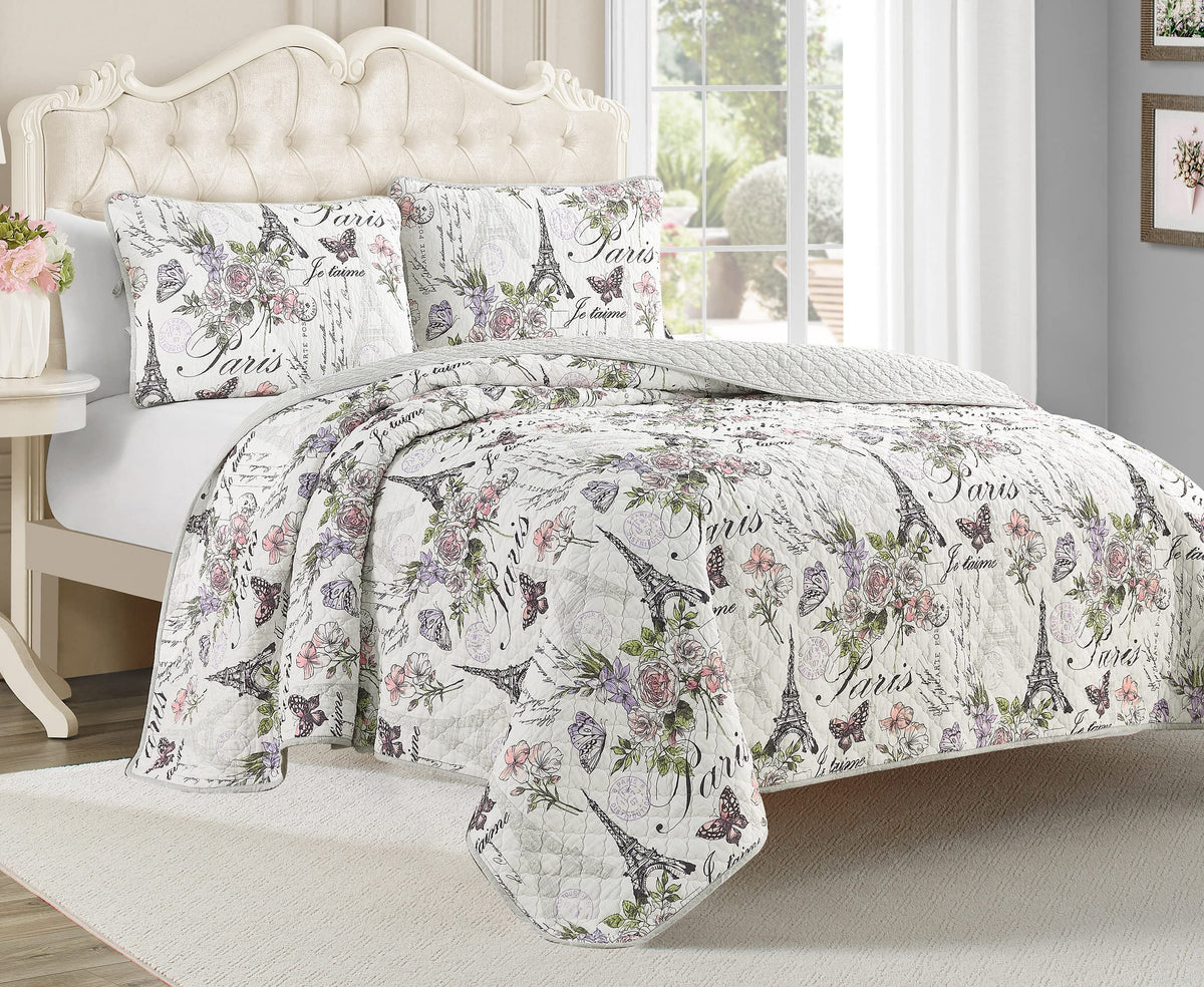 Resort Paris Floral, Pre-Washed, 3-Piece Reversible, Featuring, Eiffel Towers, Roses, Botanical Leaves, Postcards