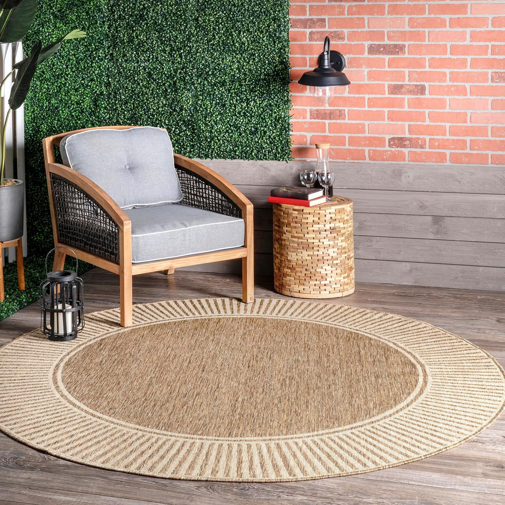 Asha Light Brown Bordered Indoor/Outdoor Area Rug, 7' Round
