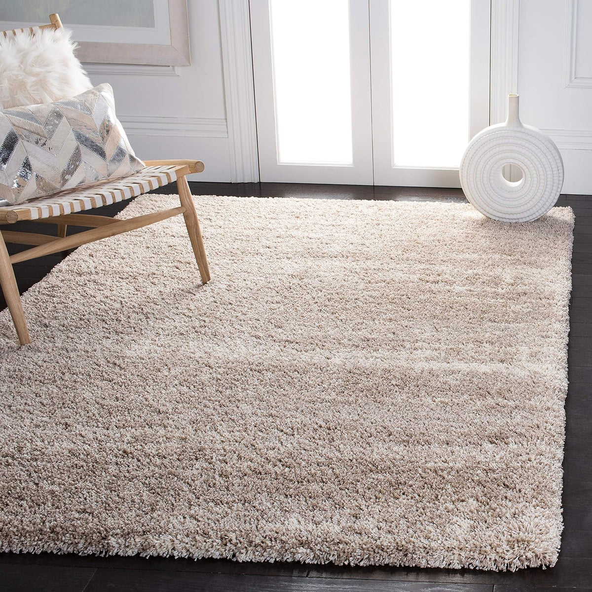 Large Shag Area Rug in Ivory and Beige, Non-Shedding Plush Pile