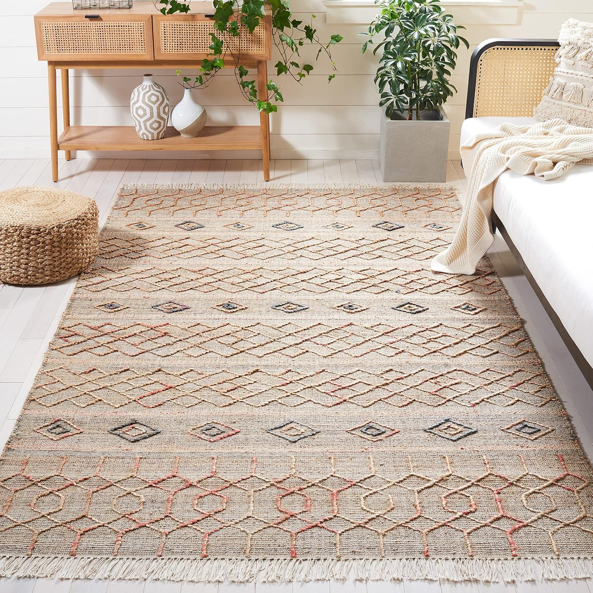 Natural Fiber Collection Accent Rug, Natural & Rust, Handmade Moroccan Boho Fringe Jute, Ideal for High