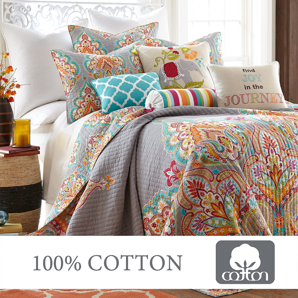 Marielle Grey Twin Cotton Quilt Set, Grey, Damask