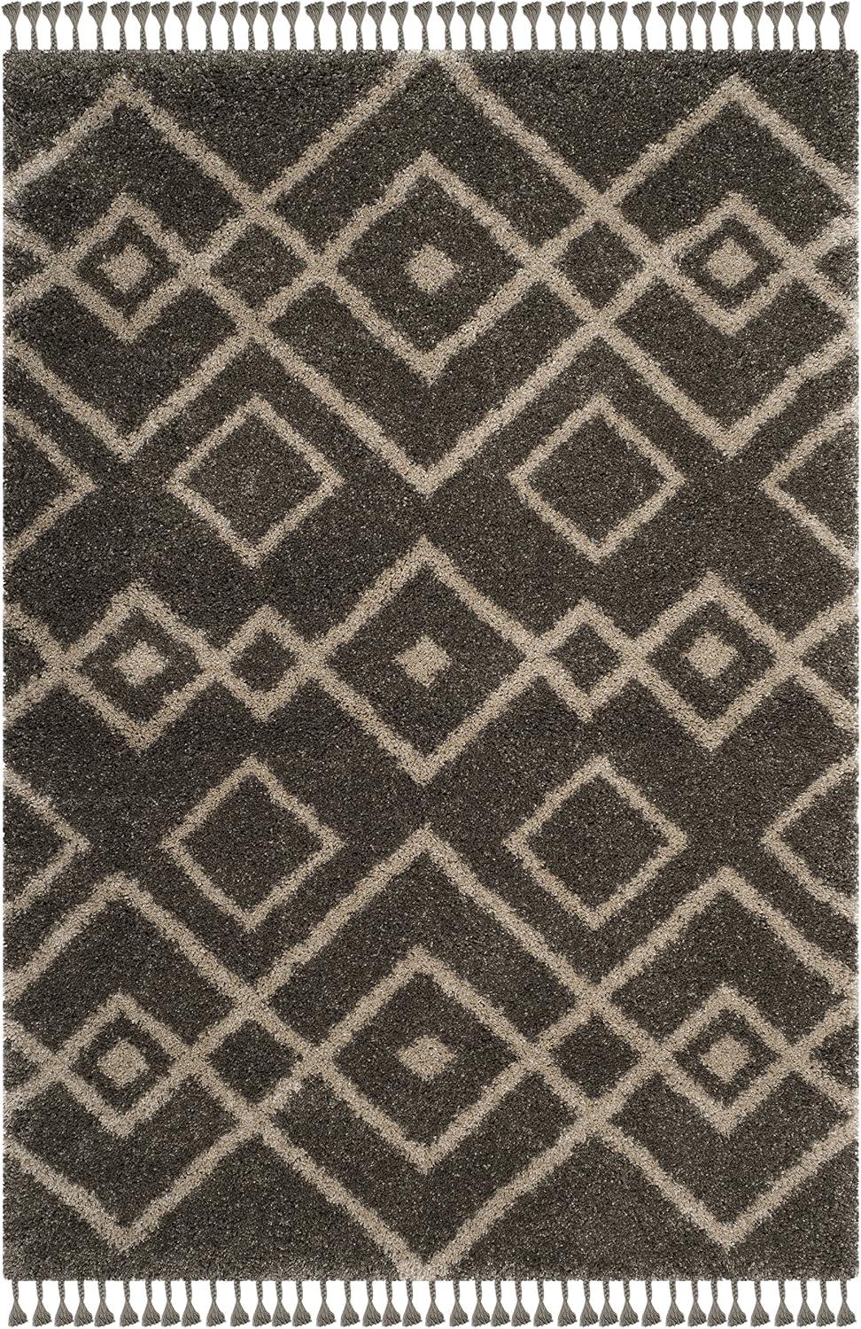 Moroccan Fringe Shag Collection Area Rug, Grey & Cream, Boho Tribal Design, Non-Shedding & Easy Care