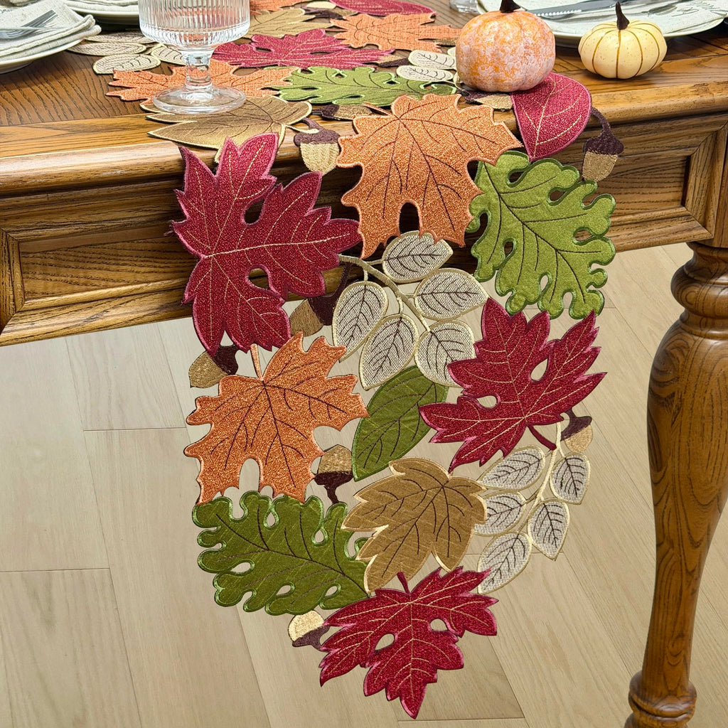 Fall Table Runner 54inches Long, Thanksgiving Harvest Cutwork Embroidered Table Runner 13in x 54in, Autumn Maple