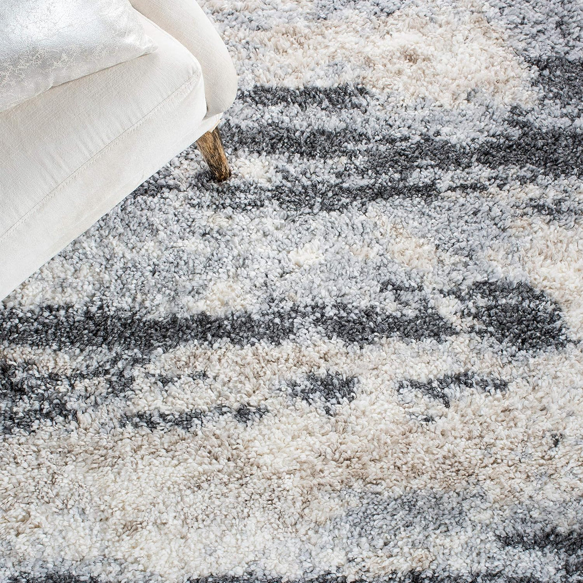 Fontana Shag Collection Area Rug - 6'7" Square, Grey & Ivory, Non-Shedding & Easy to Clean, Plush Thick Pile, Ideal