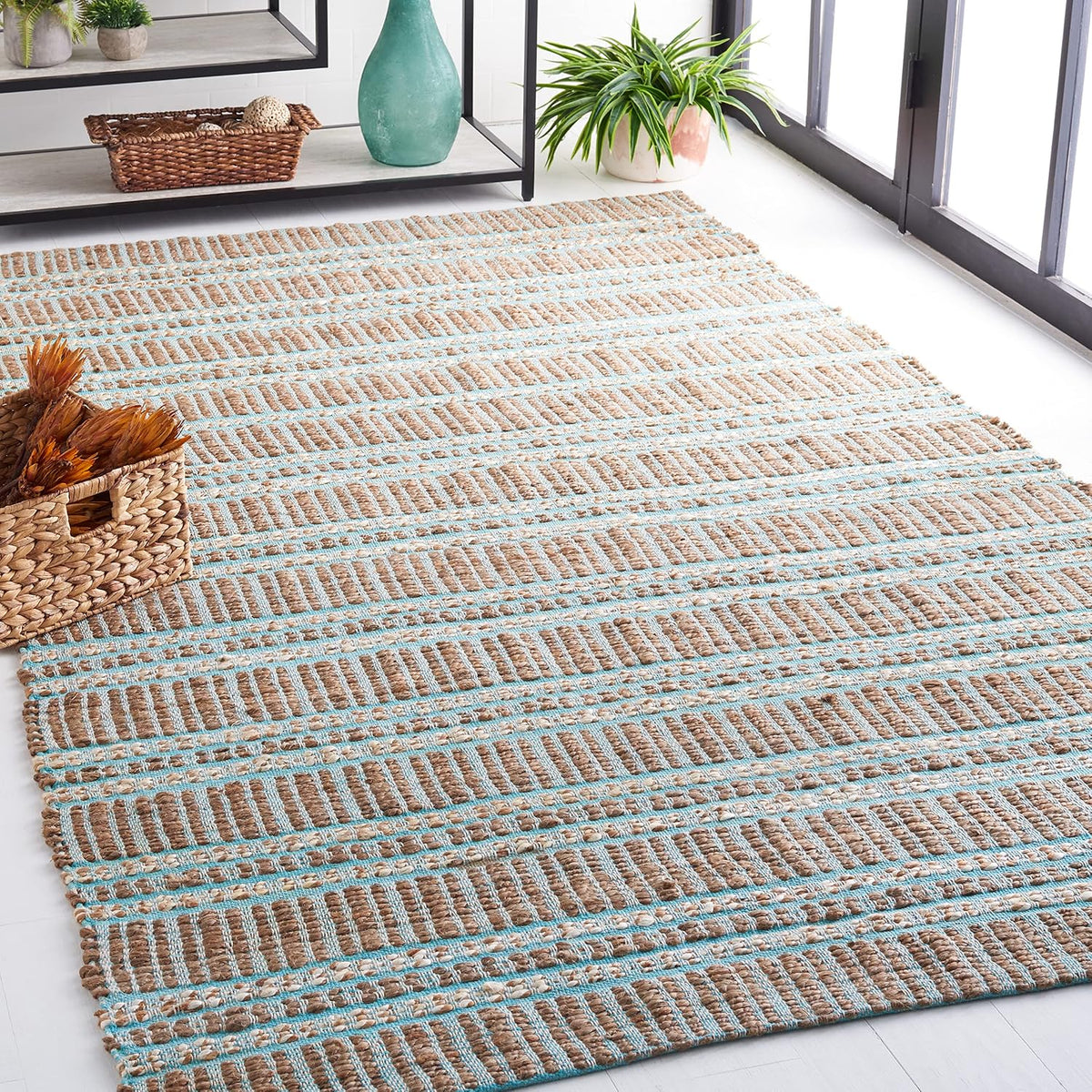 Area Rug - Natural Fiber Collection - Large - Teal & Natural, Handmade Jute & Cotton Flat Weave, Stripe Pattern