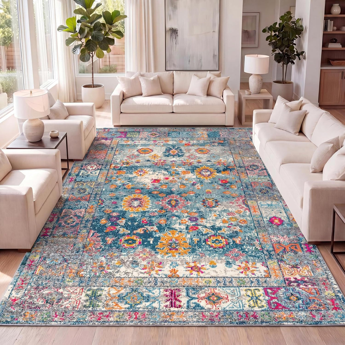 Boho Vintage Navy/Cream Indoor Area Rug, Bohemian Flair Medallion, Chic, Floral, High Traffic, Pet Friendly