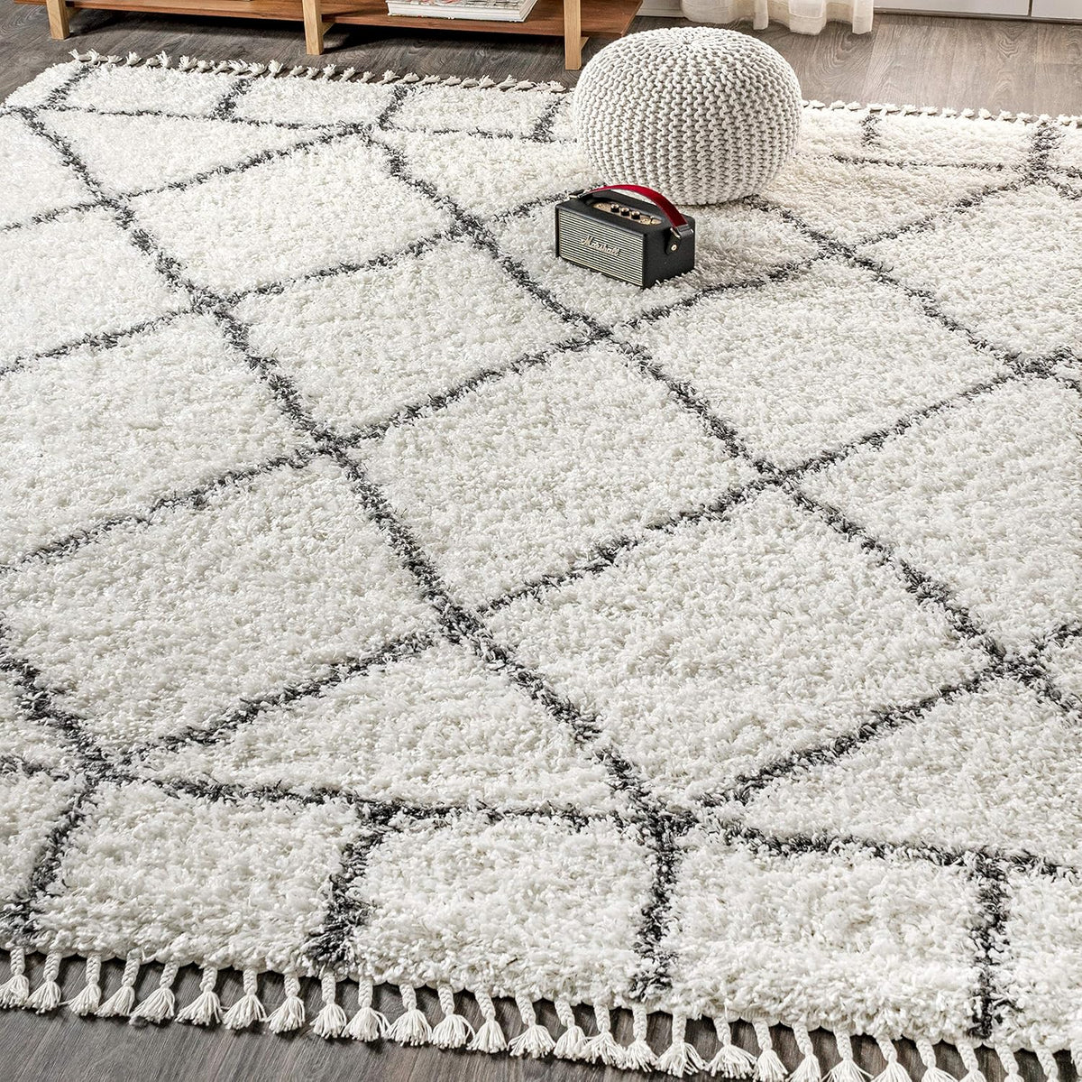 Mercer Shag Plush Tassel Ivory/Gray Indoor Area Rug, Moroccan Geometric Trellis, Easy-Cleaning