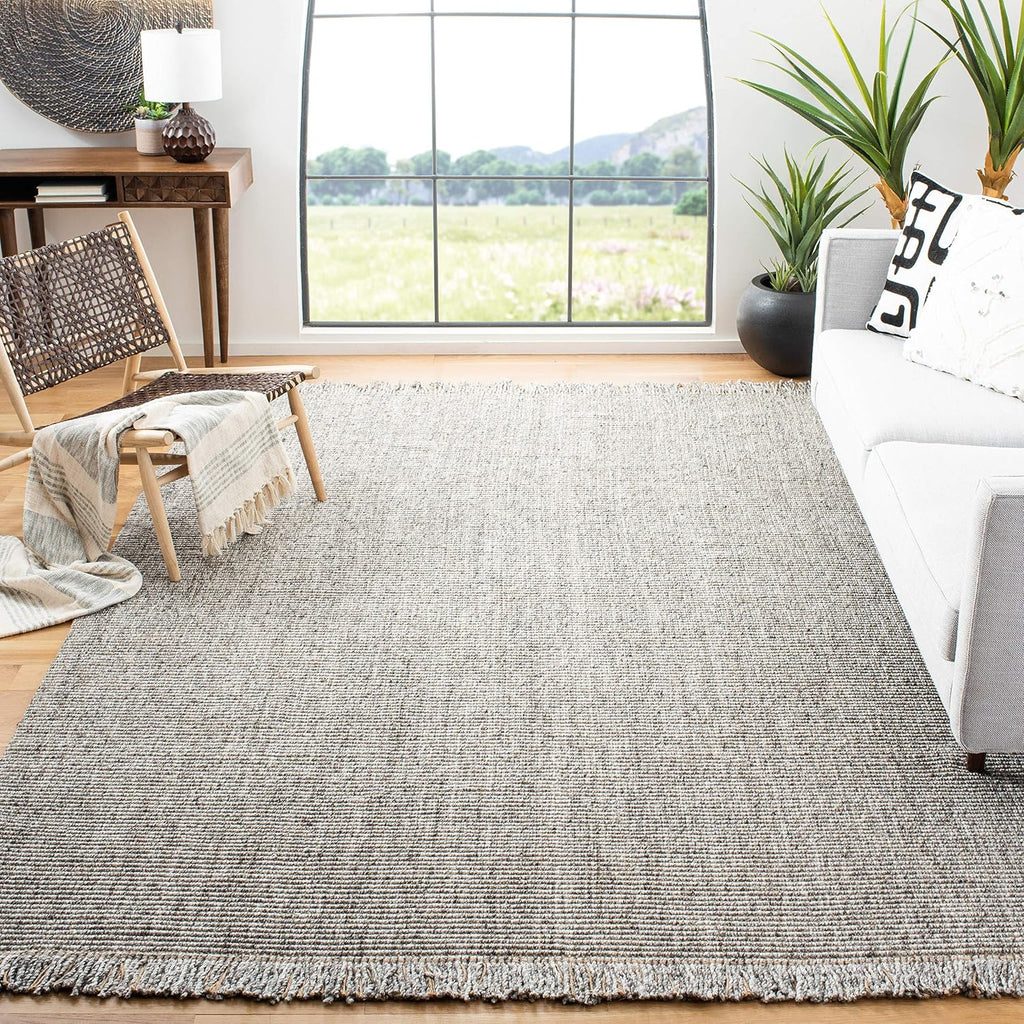 Area Rug - Natural Fiber Collection - Large - Grey & Natural, Handmade Woven Jute, Fringe Detail, Ideal, Dining