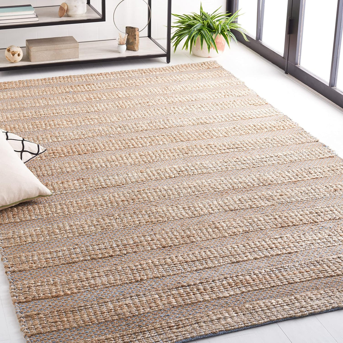 Area Rug - Natural Fiber Collection - Large - Light Blue & Natural, Handmade Jute & Cotton, Boho Farmhouse