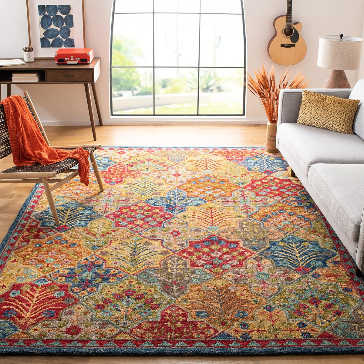 Aspen Collection Area Rug, Blue & Orange, Handmade Boho Wool, Ideal for High Traffic Areas in Living