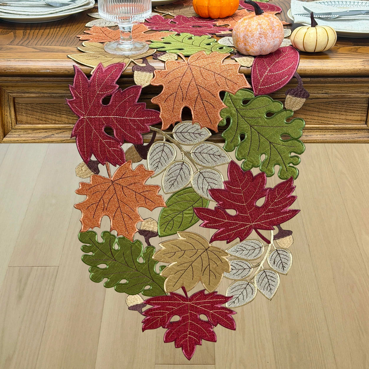 Fall Table Runner 54inches Long, Thanksgiving Harvest Cutwork Embroidered Table Runner 13in x 54in, Autumn Maple