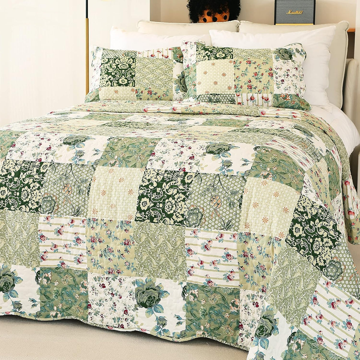 Summer Floral Quilted Bedspread,Romantic Green Quilt Set,Reversible Stitched Bedding Cover All Season,Soft
