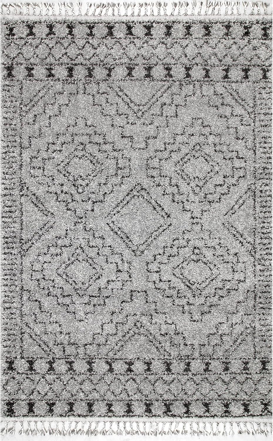 Vasiliki Grey/Ivory, 4' Square, Moroccan Shag, Tassel, Soft and Plush, High Traffic, Stain Resistant, Easy Clean