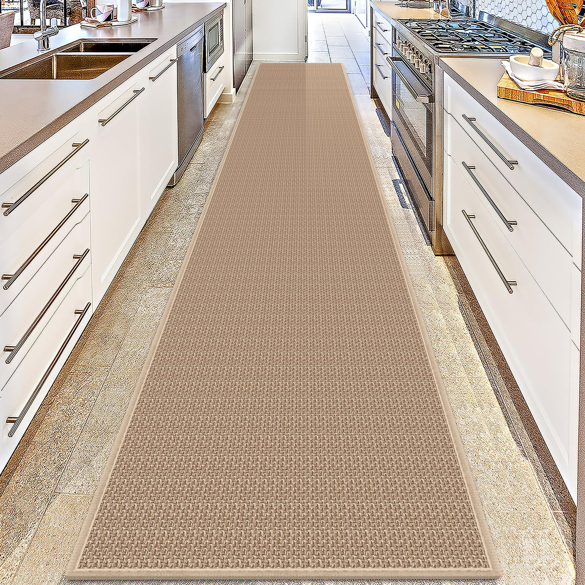 15ft Natural Jute Hallway Runner Rug Non Slip Washable, Rubber Backed Long Khaki Indoor Entryway Runner, Absorbent