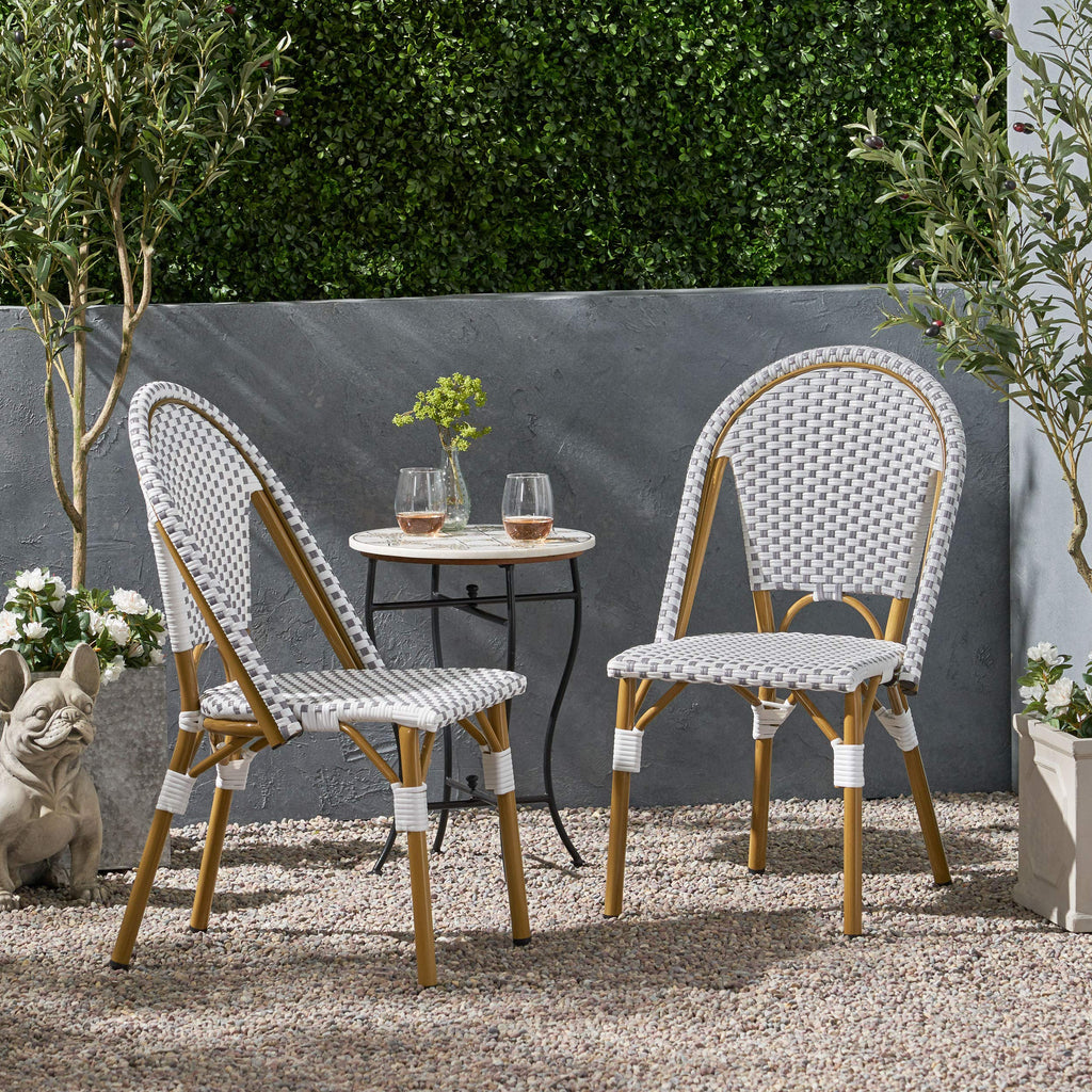 Philomena Outdoor French Bistro Chair (Set of 2), Gray + White + Bamboo Print Finish