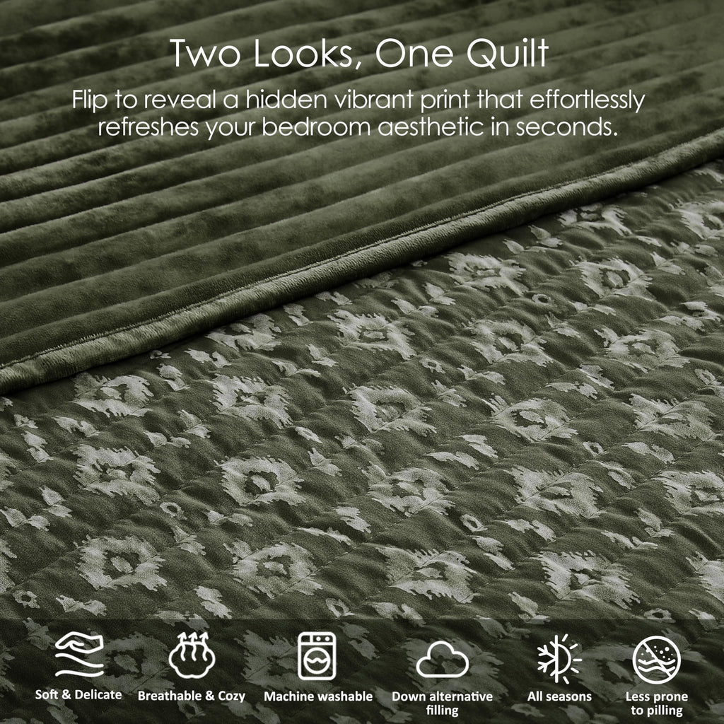 Green Velvet Quilt Set - Striped Soft Lightweight Bedspread, Neutral Channel Farmhouse Country Rustic