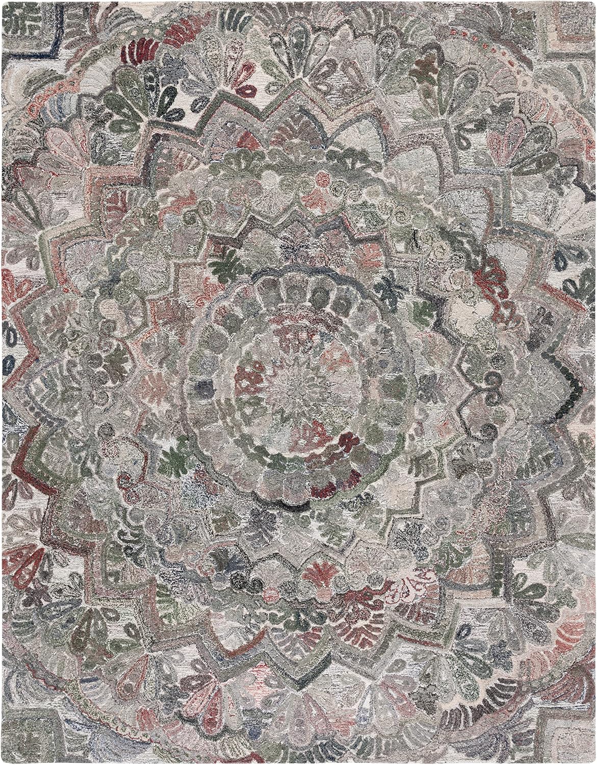 Marquee Collection Area Rug, Grey & Multi, Handmade Mandala Medallion Wool, Ideal for High Traffic Areas