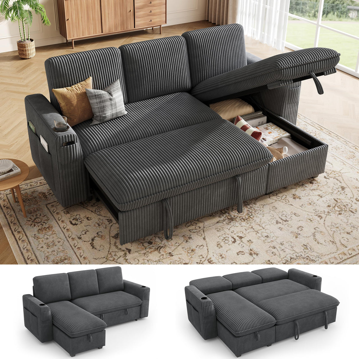 Sectional Sleeper Sofa with Pull Out Bed, Plush Corduroy Sectional Sofa with Storage Chaise and Adjustable Backrest