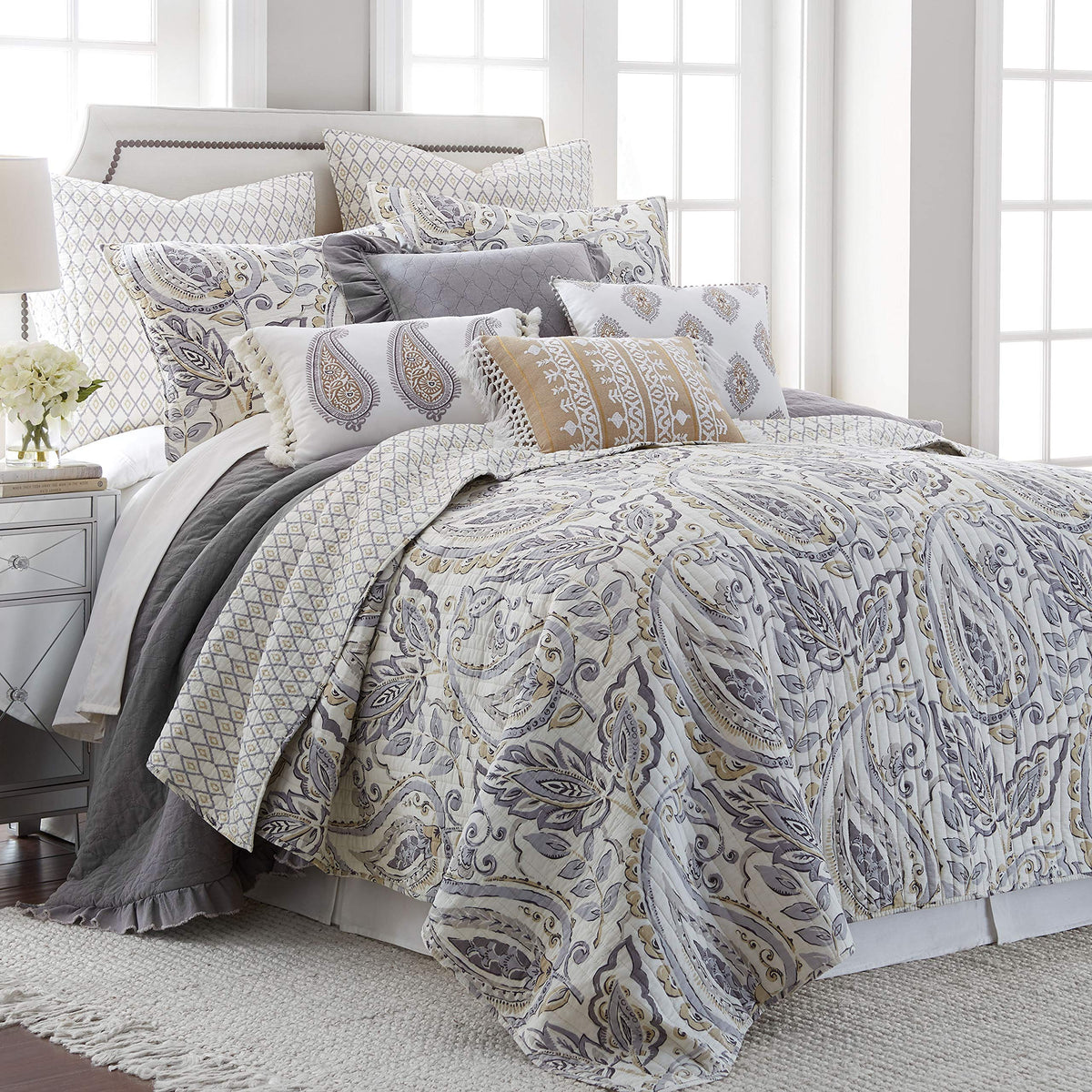 Tamsin Grey Quilt Set - King Quilt + Two King Pillow Shams - Modern Paisley - Grey Taupe Off-White - Quilt Size