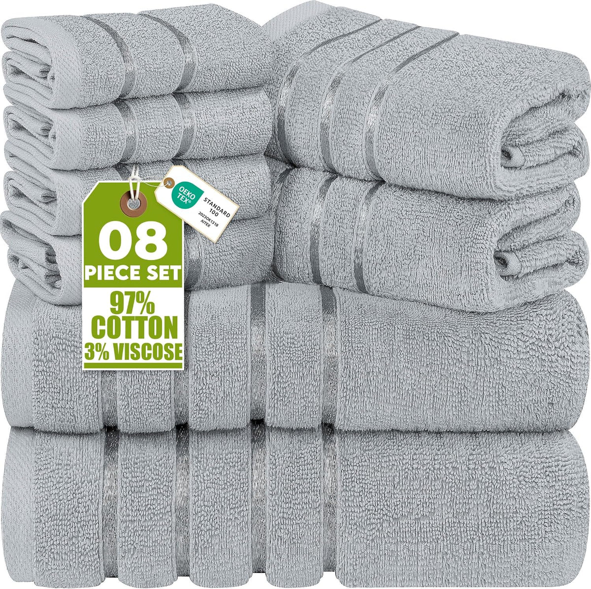 8 Piece Luxury Towel Set, 600 GSM, Viscose Stripe, Cool Grey | 600 GSM Ring Spun Cotton Towels with Viscose Stripe
