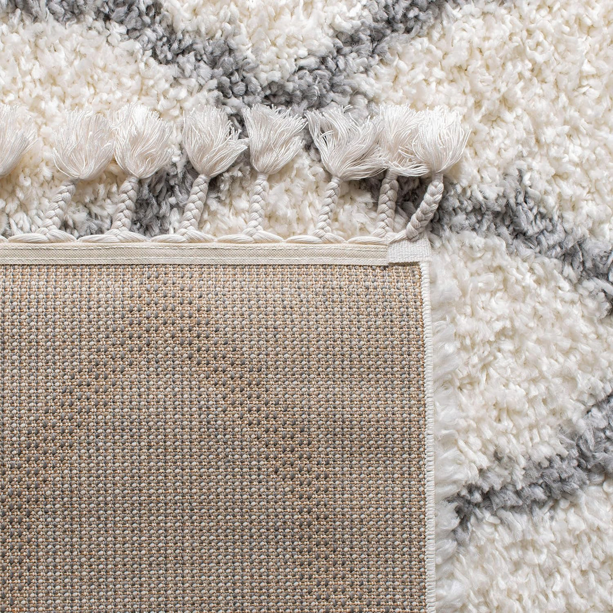 Moroccan Tassel Shag Collection Runner Rug - 2'2" x 8', Ivory & Light Grey, Boho, Non-Shedding & Easy Care, 1.5-inch