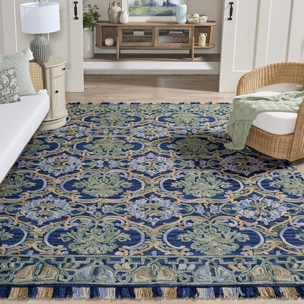 Blossom Area Rug, Navy & Green, Handmade Boho Fringe Wool