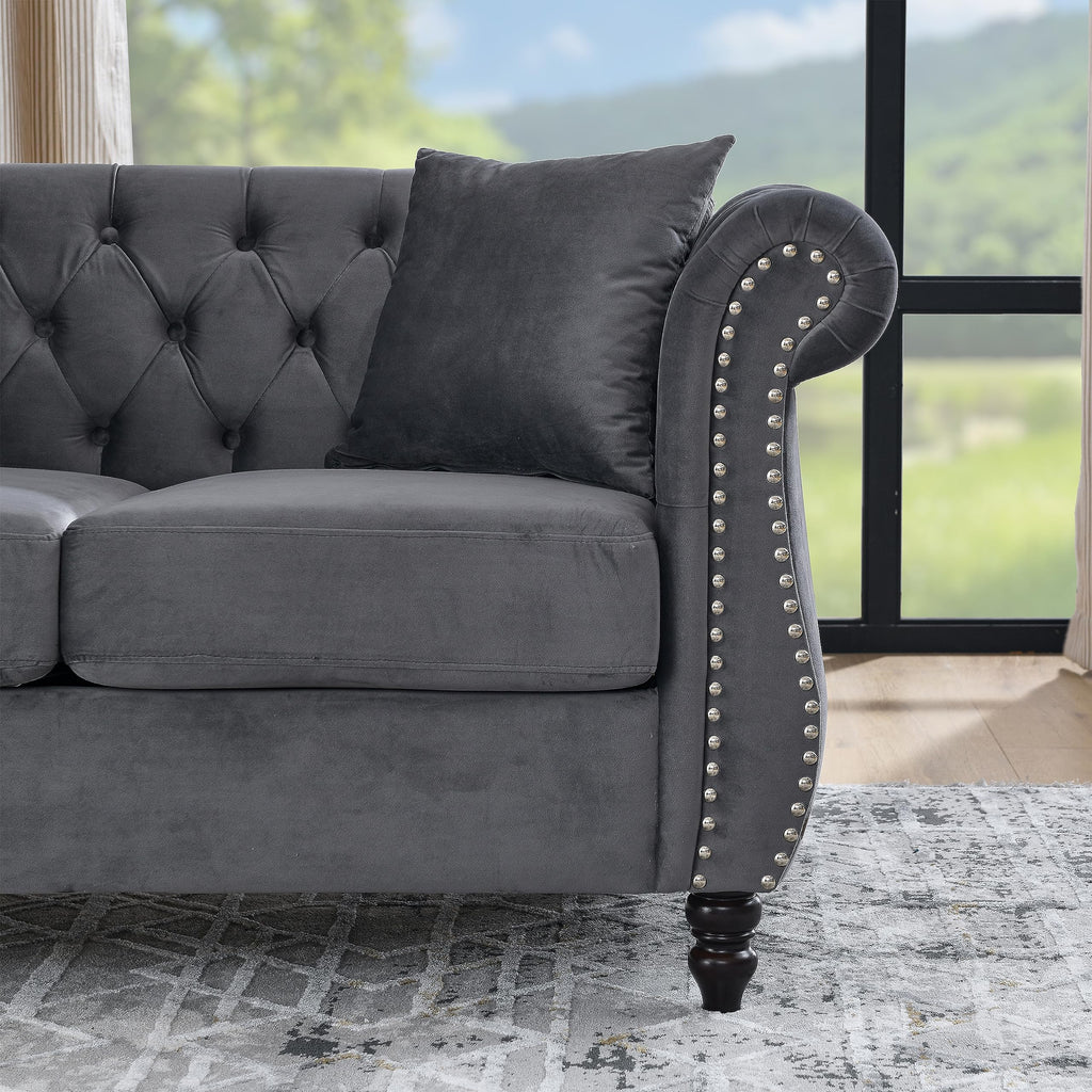 Chesterfield Sofa, Retro Style Upholstered 3+3 Seats Couch with Rolled Arm Bedroom Office, Grey