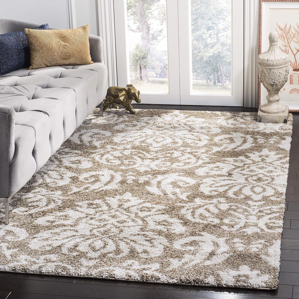 Florida Shag Collection Area Rug - 4' Square, Beige & Cream, Damask Design, Non-Shedding & Easy Care, 1.2-inch Thick