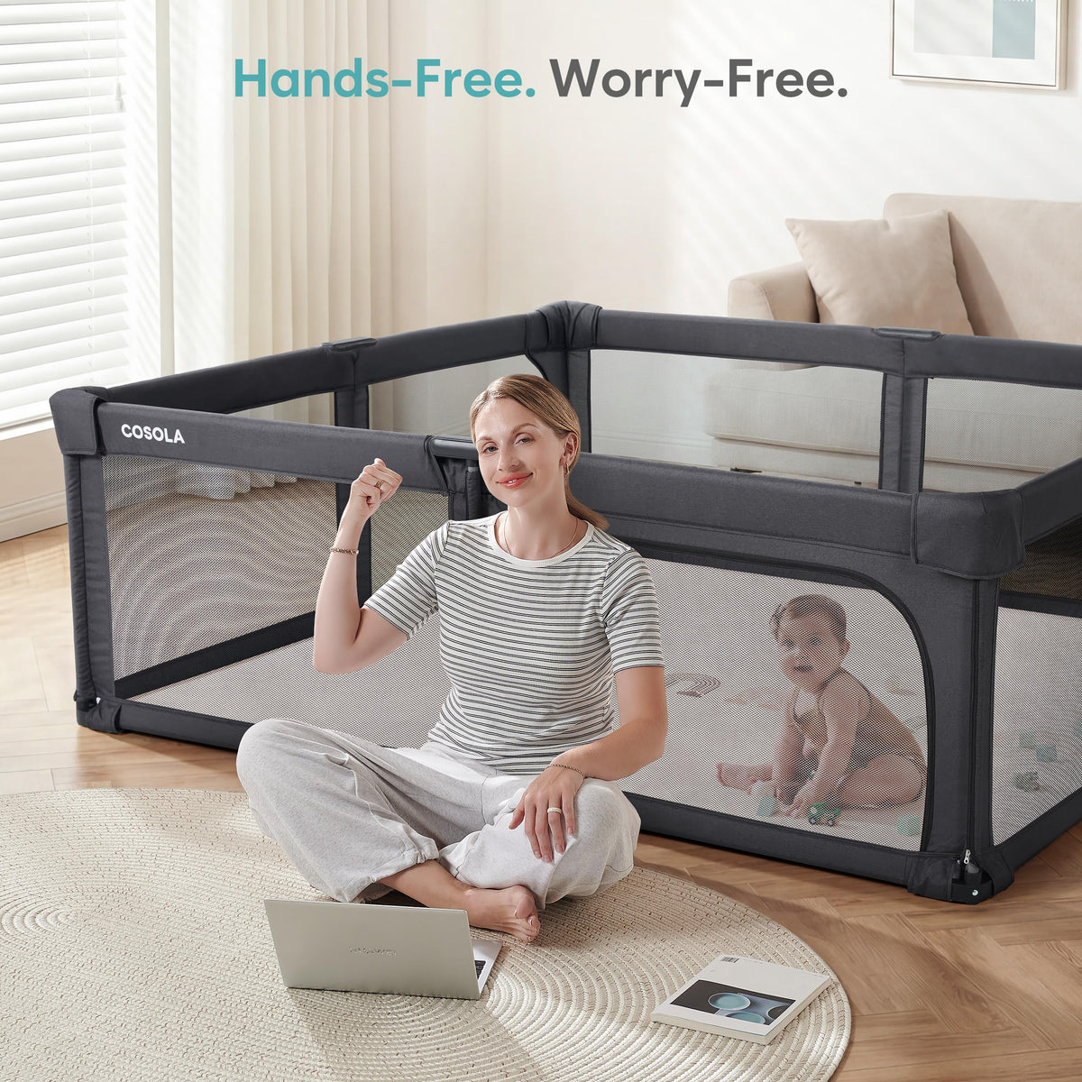 Playpen Portable, Pre-Assembled Play Pen 71x79 Large Foldable Playpen for Babies and Toddlers, Sturdy and Safe