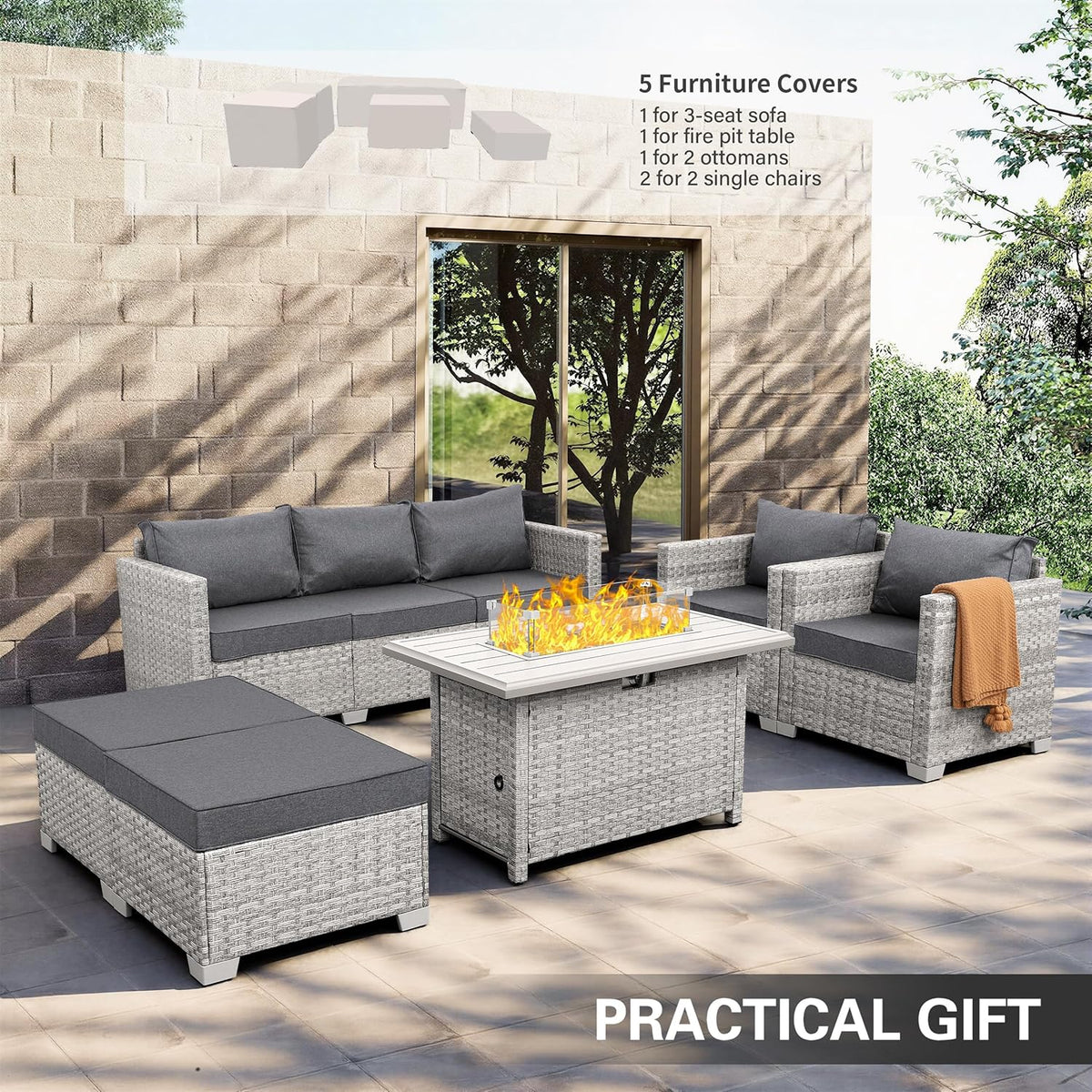 Patio Furniture Set 6 Piece PE Rattan Outdoor Conversation Sets Grey Wicker Couch Sectional Sofa with Fire Pit