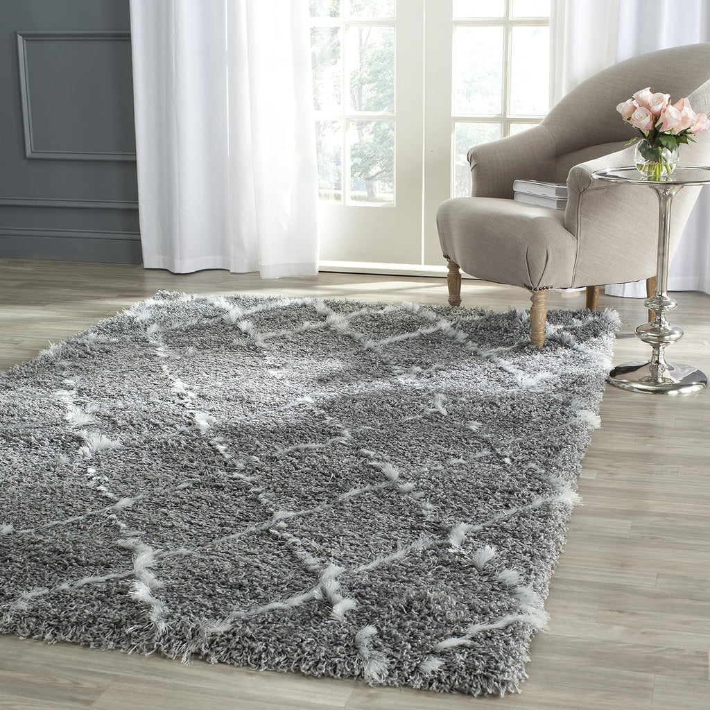 Moroccan Shag Collection Area Rug, Grey & Ivory, Trellis Design, Non-Shedding & Easy Care, 2-inch Thick