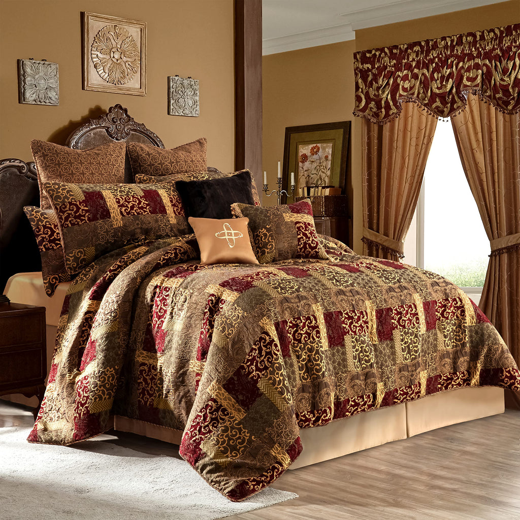 9-Piece Traditional Patchwork Comforter Set, Red Gold