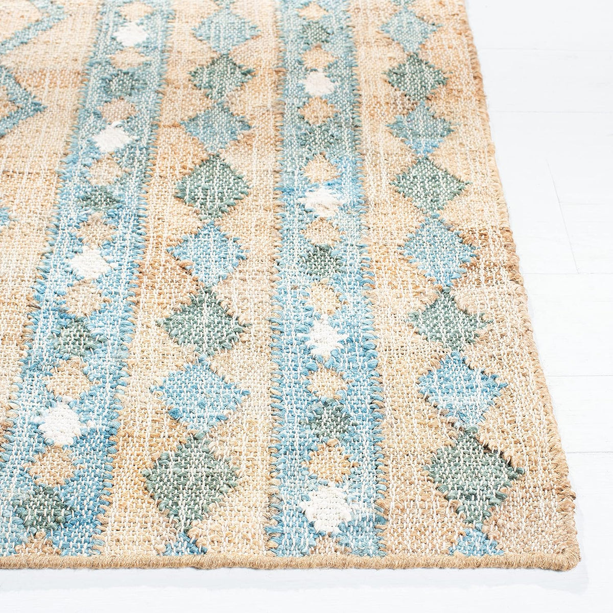 Area Rug - Kilim Collection - Large - Natural & Blue, Flat Weave Jute, Ideal, Dining Space (KLM759M)